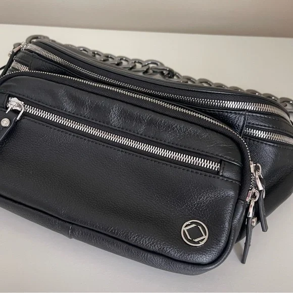 Kerikit England VANESSA LEATHER SLING BAG Black Gretchen Chain Gunmetal Travel - Picture 3 of 9